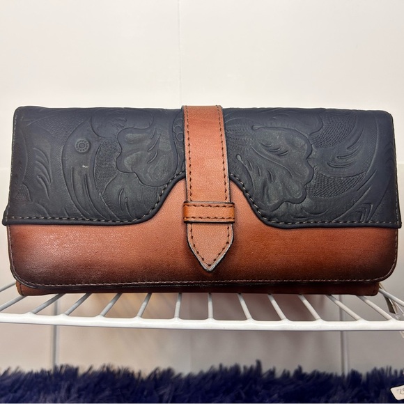 Leather wallet / spacious / Brown / Blue / Hand-tooled Artesanal / México - Picture 1 of 9